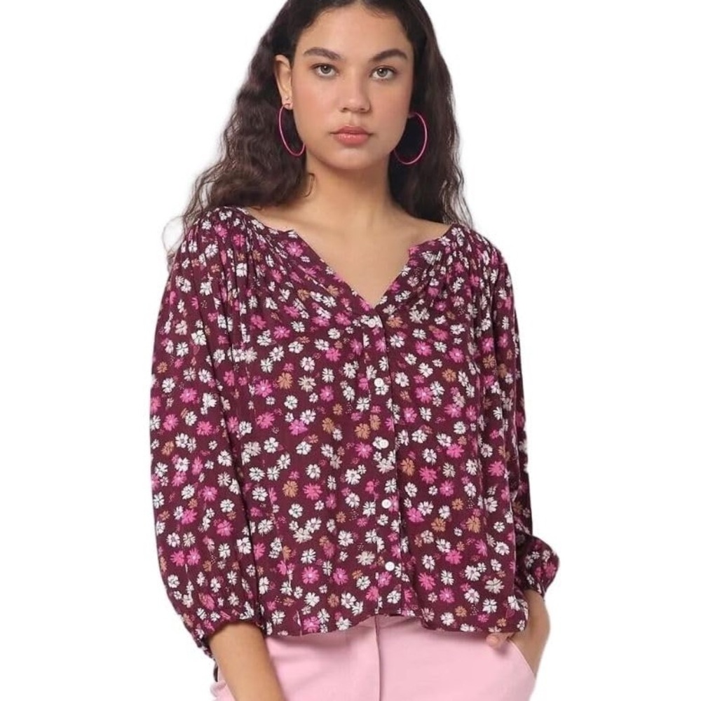 GAP Splitneck Top in Purple Floral Vneck Longsleeve Cotton Blend L Large